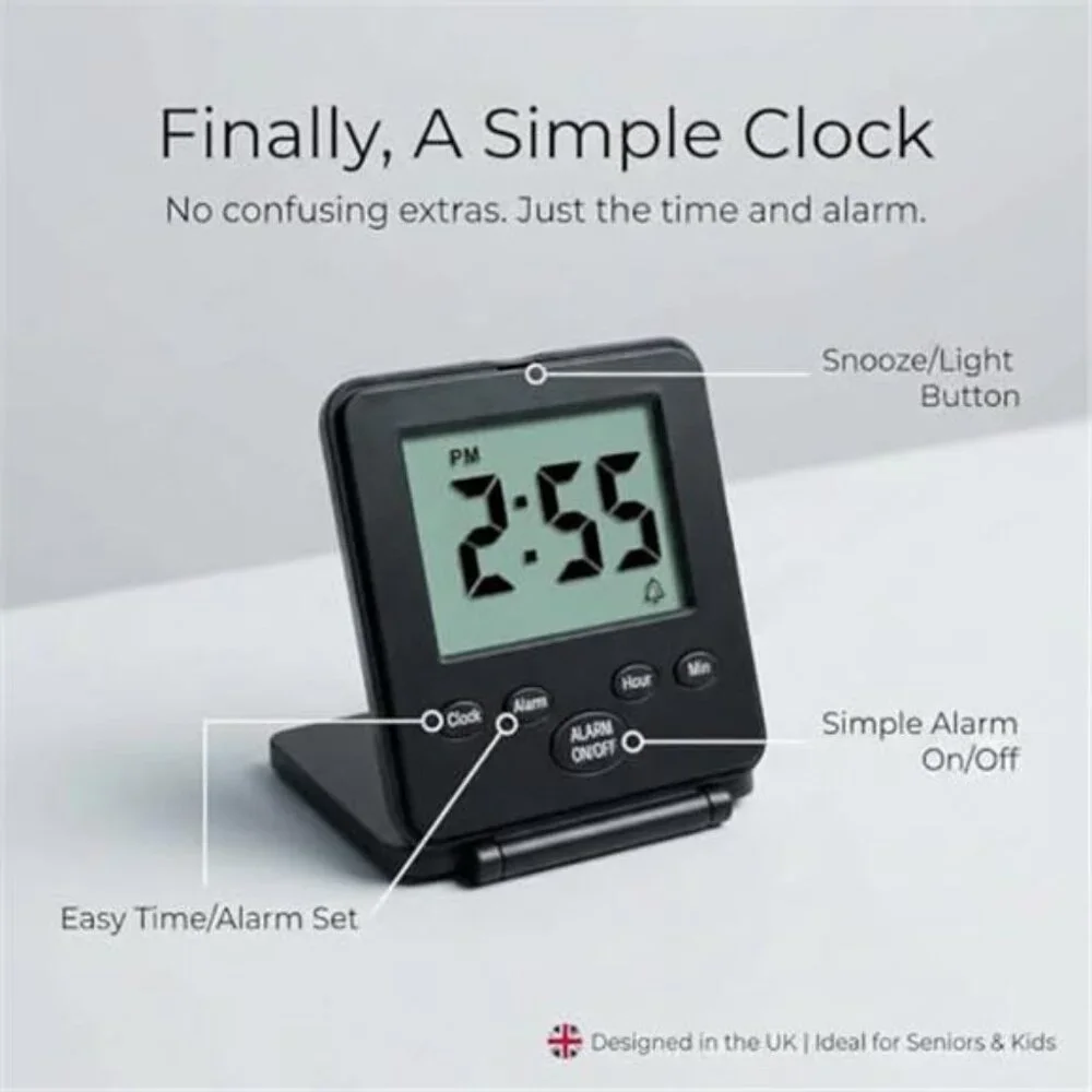 Digital Travel Alarm Clock Loud Easy to Use Small Battery Powered Black Clock